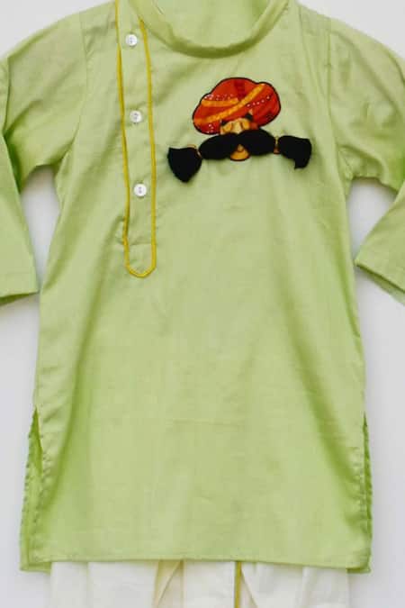 Fayon Kids_Green Cotton, Silk Embroidery Kurta And Dhoti Pant Set _at_Aza_Fashions