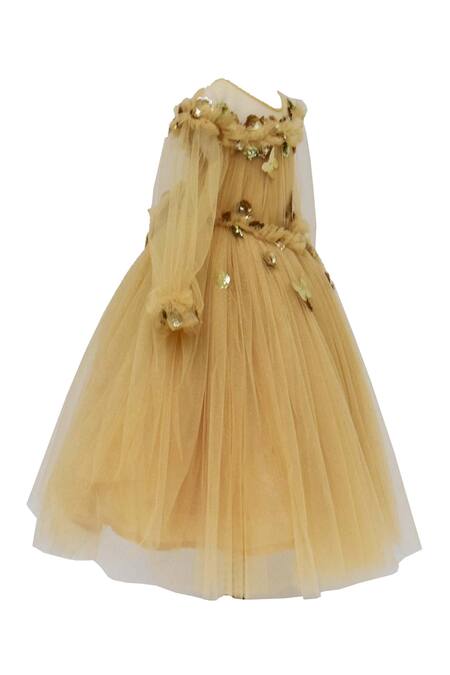 Fayon Kids_Gold Net Sequins Applique Flared Gown _Online_at_Aza_Fashions