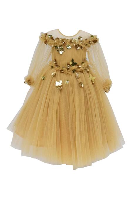 Buy_Fayon Kids_Gold Net Sequins Applique Flared Gown _Online_at_Aza_Fashions