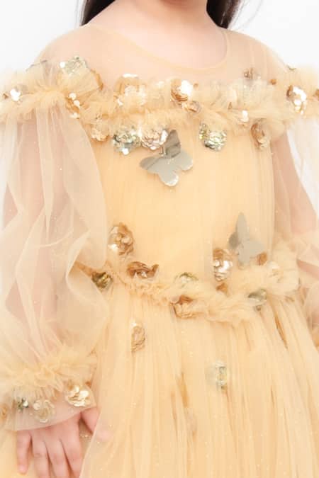 Fayon Kids_Gold Net Sequins Applique Flared Gown _at_Aza_Fashions