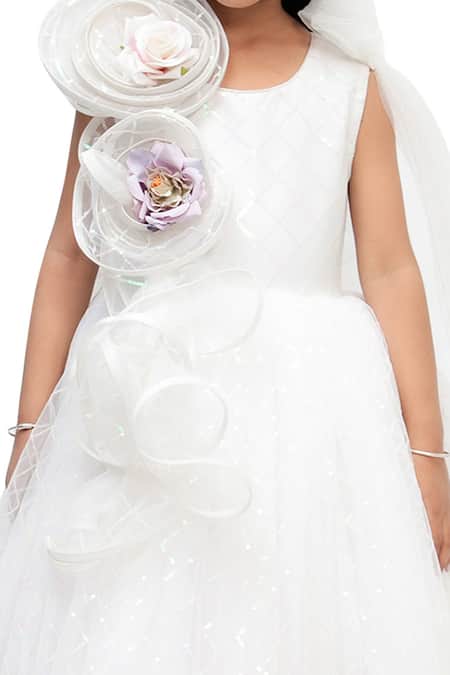 Fayon Kids_White Net Sequins, Applique Flared Gown _at_Aza_Fashions