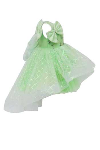 FAYON KIDS_Green Net Sequins Embellished High-low Dress _Online_at_Aza_Fashions