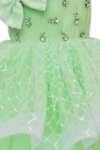 FAYON KIDS_Green Net Sequins Embellished High-low Dress _at_Aza_Fashions
