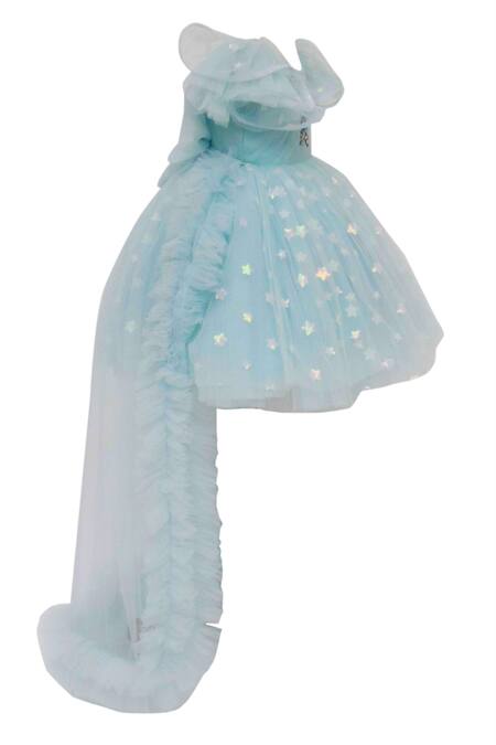 Fayon Kids_Blue Net Rhinestones Embellished High-low Dress _Online_at_Aza_Fashions