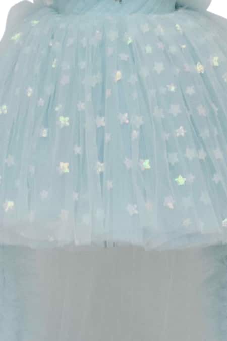 Fayon Kids_Blue Net Rhinestones Embellished High-low Dress _at_Aza_Fashions