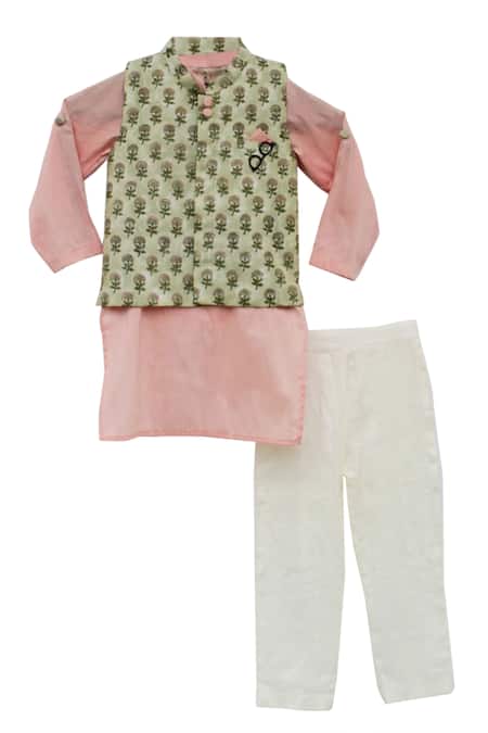 Fayon Kids_Green Cotton, Silk Floral Printed Bundi And Kurta Set _Online_at_Aza_Fashions