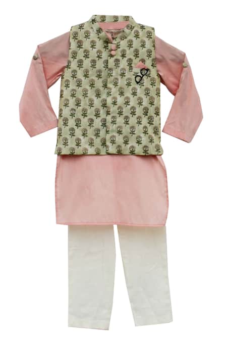 Buy_Fayon Kids_Green Cotton, Silk Floral Printed Bundi And Kurta Set _Online_at_Aza_Fashions