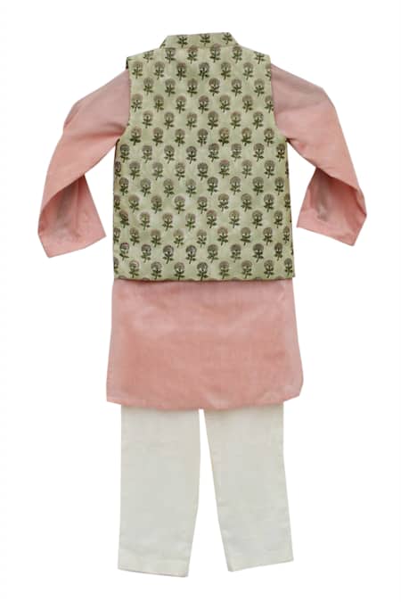 Shop_Fayon Kids_Green Cotton, Silk Floral Printed Bundi And Kurta Set _Online_at_Aza_Fashions