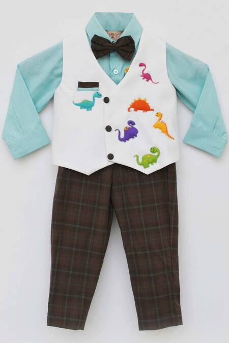Fayon Kids_Blue Cotton Applique, Fabric Flowers Dinosaur Motif Waistcoat And Pant Set_Online_at_Aza_Fashions