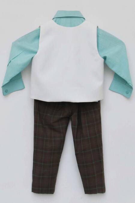 Buy_Fayon Kids_Blue Cotton Applique, Fabric Flowers Dinosaur Motif Waistcoat And Pant Set_Online_at_Aza_Fashions