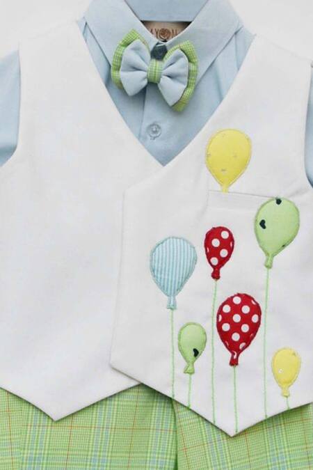Fayon Kids White , Satin Embroidery Balloon Motif Waistcoat And Pant Set Online at Aza Fashions Fayon Kids_White , Satin Embroidery Balloon Motif Waistcoat And Pant Set _Online_at_Aza_Fashions