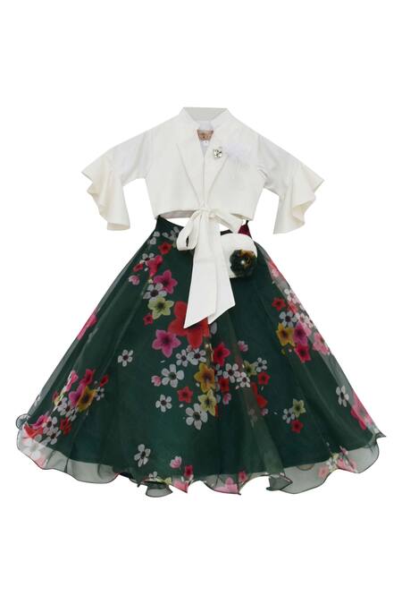 Buy_Fayon Kids_Green Cotton, Silk, Organza Printed Lehenga Set _Online_at_Aza_Fashions