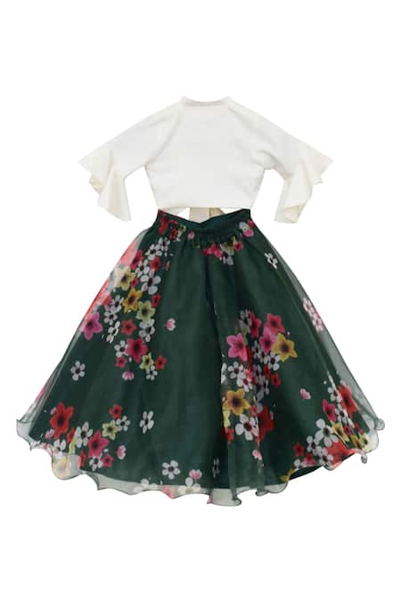 Shop_Fayon Kids_Green Cotton, Silk, Organza Printed Lehenga Set _Online_at_Aza_Fashions