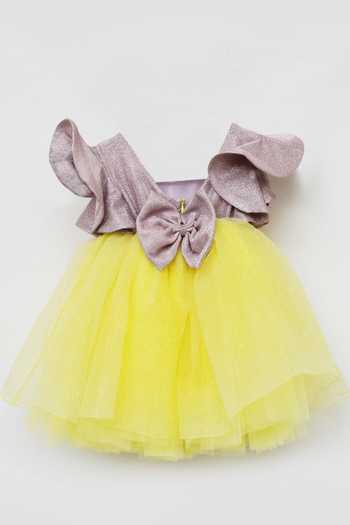 Shop FAYON KIDS Yellow Net Bows, Ruffles Flared Designer Dress With at Aza Fashions Shop_FAYON KIDS_Yellow Net Bows, Ruffles Flared Designer Dress With _at_Aza_Fashions