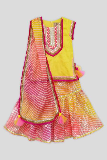 Buy_Fayon Kids_Yellow Cotton, Silk, Kota Doria Embroidery, Patti, Tassels Kurta Set _Online_at_Aza_Fashions