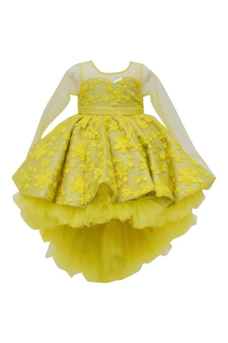 Fayon Kids_Yellow Net Applique Embroidered High-low Gown _Online_at_Aza_Fashions