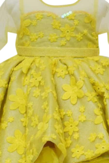 Shop_Fayon Kids_Yellow Net Applique Embroidered High-low Gown _Online_at_Aza_Fashions