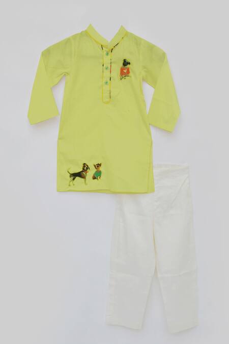 Fayon Kids_Yellow Cotton, Silk Printed Kurta Set _Online_at_Aza_Fashions