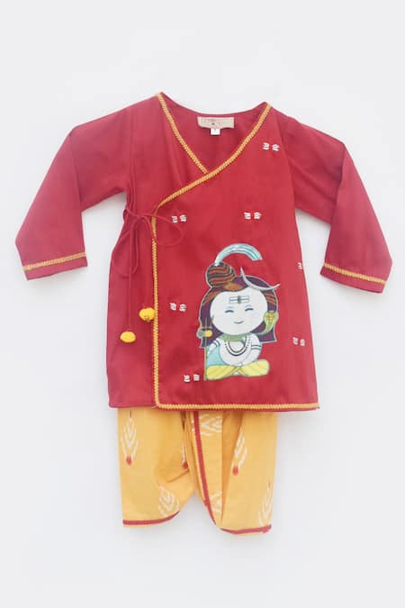 Fayon Kids_Red Cotton, Silk Sequins, Lace Printed Kurta And Dhoti Pant Set _Online_at_Aza_Fashions