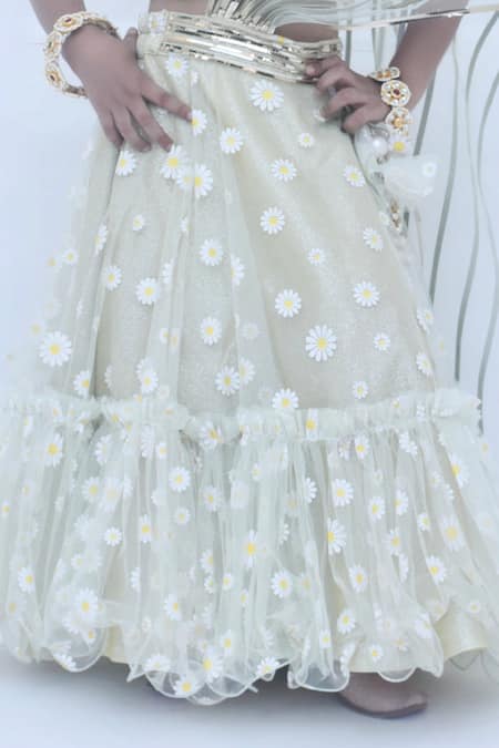 Fayon Kids_Green Net Pearls, Applique Embroidered Lehenga Set _Online_at_Aza_Fashions