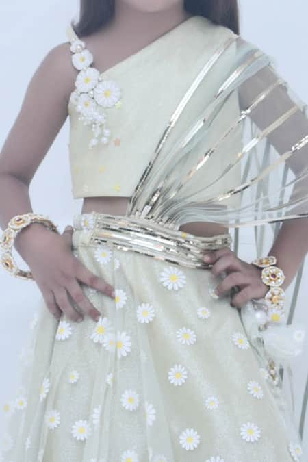Buy_Fayon Kids_Green Net Pearls, Applique Embroidered Lehenga Set _Online_at_Aza_Fashions