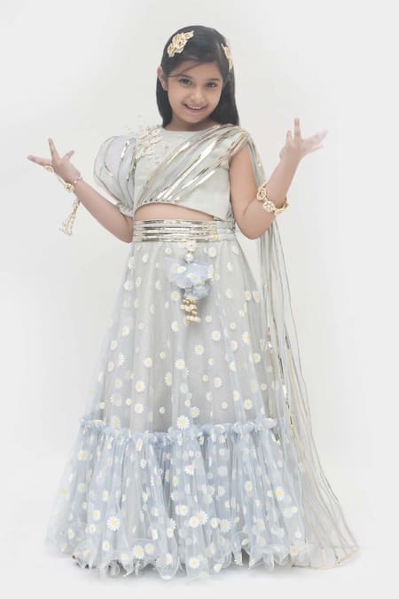 Fayon Kids_Blue Net Pearls, Embroidery Lehenga Set _Online_at_Aza_Fashions