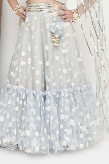 Buy_Fayon Kids_Blue Net Pearls, Embroidery Lehenga Set _Online_at_Aza_Fashions