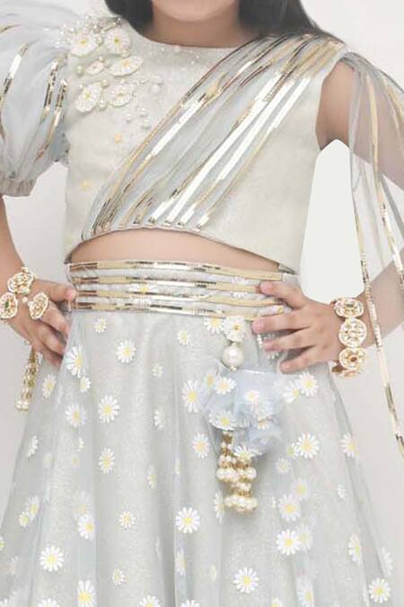 Shop_Fayon Kids_Blue Net Pearls, Embroidery Lehenga Set _Online_at_Aza_Fashions