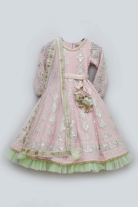 Buy Pink Net Embroidered Anarkali With Dupatta For Girls by FAYON KIDS ...
