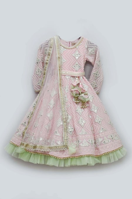 FAYON KIDS Pink Net Embroidered Anarkali With Dupatta