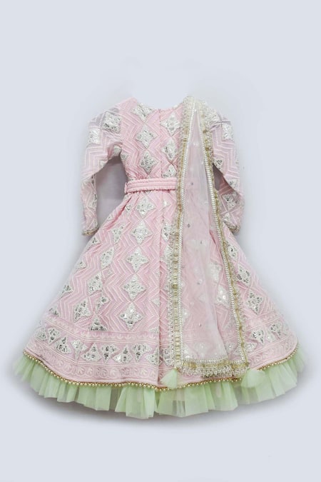 Shop_Fayon Kids_Pink Net Sequins, Lace, Embroidery, Tassels Anarkali With Dupatta _at_Aza_Fashions