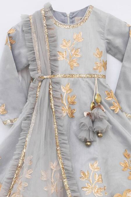 Fayon Kids Grey Net Tassels, Glitter Embroidered Anarkali With Attached Dupatta Online at Aza Fashions Fayon Kids_Grey Net Tassels, Glitter Embroidered Anarkali With Attached Dupatta _Online_at_Aza_Fashions