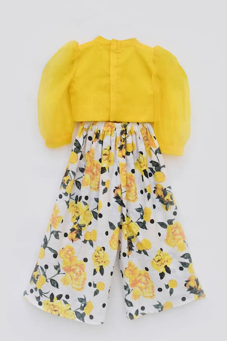 Shop Fayon Kids Yellow Organza, Cotton Bows Printed Top And Pant Set at Aza Fashions Shop_Fayon Kids_Yellow Organza, Cotton Bows Printed Top And Pant Set _at_Aza_Fashions