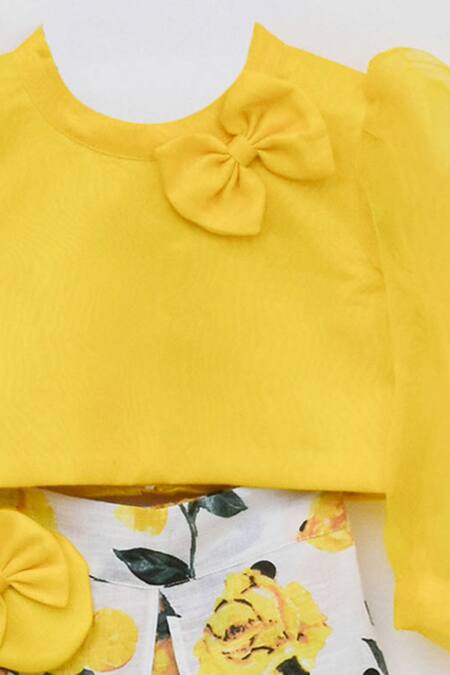 Buy Fayon Kids Yellow Organza, Cotton Bows Printed Top And Pant Set Online at Aza Fashions Buy_Fayon Kids_Yellow Organza, Cotton Bows Printed Top And Pant Set _Online_at_Aza_Fashions