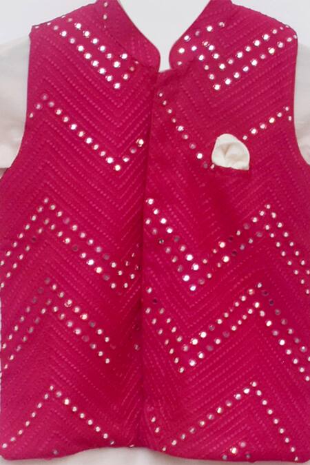 Buy Fayon Kids Pink Cotton, Silk Mirrors Embellished Nehru Jacket Kurta Set Online at Aza Fashions Buy_Fayon Kids_Pink Cotton, Silk Mirrors Embellished Nehru Jacket Kurta Set _Online_at_Aza_Fashions