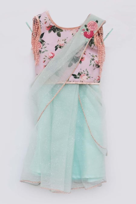 Shop Fayon Kids Blue Silk, Organza, Net Embroidery Pre-draped Embellished Saree With Blouse at Aza Fashions Shop_Fayon Kids_Blue Silk, Organza, Net Embroidery Pre-draped Embellished Saree With Blouse _at_Aza_Fashions