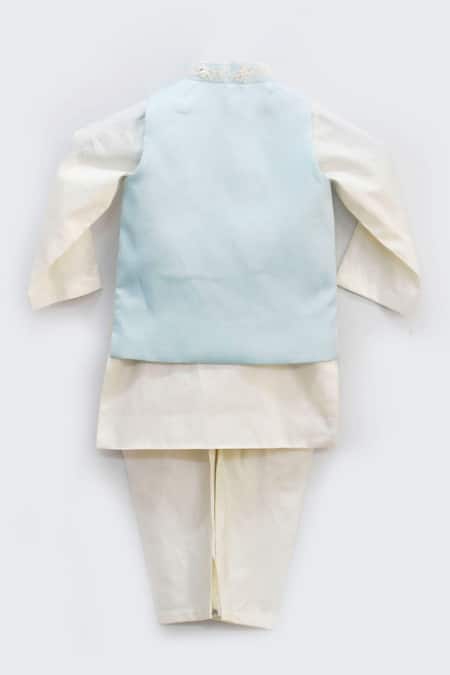 Shop Fayon Kids Blue Cotton, Silk Embroidery, Sequins Nehru Jacket And Kurta Set at Aza Fashions Shop_Fayon Kids_Blue Cotton, Silk Embroidery, Sequins Nehru Jacket And Kurta Set _at_Aza_Fashions