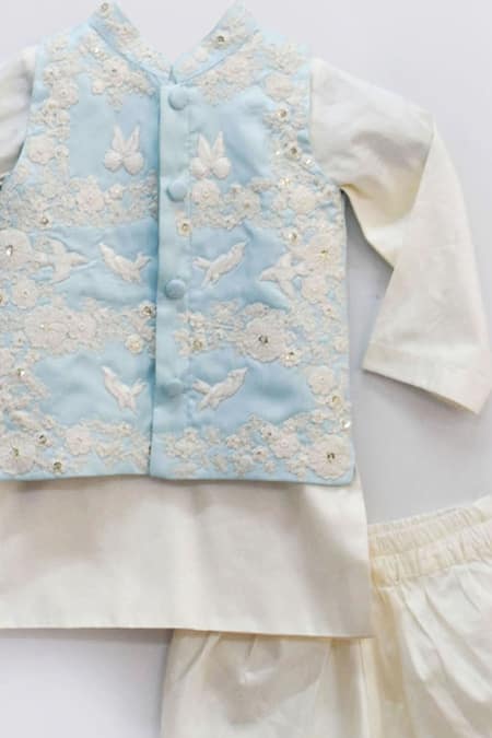 Buy Fayon Kids Blue Cotton, Silk Embroidery, Sequins Nehru Jacket And Kurta Set Online at Aza Fashions Buy_Fayon Kids_Blue Cotton, Silk Embroidery, Sequins Nehru Jacket And Kurta Set _Online_at_Aza_Fashions