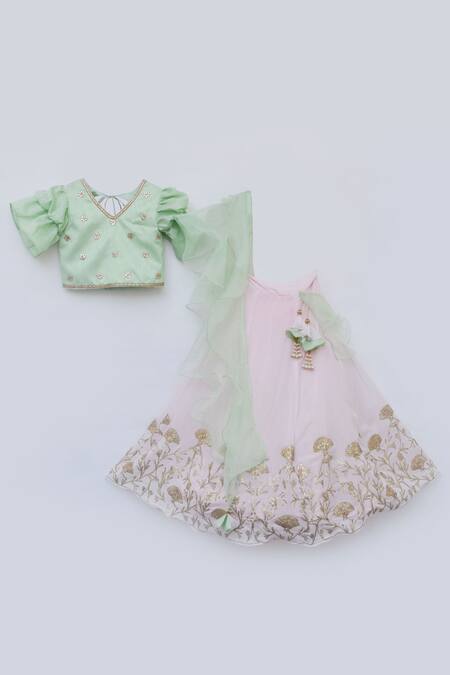 Fayon Kids_Pink Satin, Silk, Organza, Sequins, Embroidered Lehenga Set _Online_at_Aza_Fashions