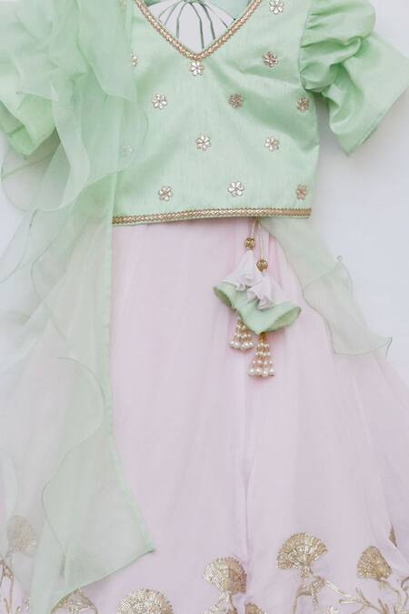 Buy_Fayon Kids_Pink Satin, Silk, Organza, Sequins, Embroidered Lehenga Set _Online_at_Aza_Fashions