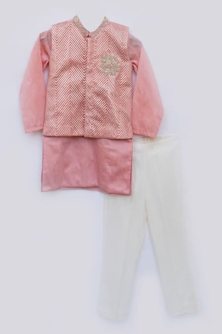 Fayon Kids Peach Cotton, Silk Sequins Embroidered Nehru Jacket Set Online at Aza Fashions Fayon Kids_Peach Cotton, Silk Sequins Embroidered Nehru Jacket Set _Online_at_Aza_Fashions