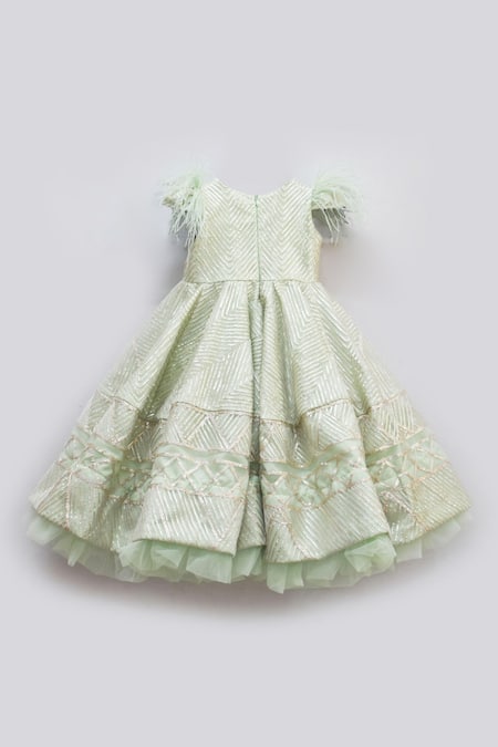 Shop_FAYON KIDS_Green Net Fringe Embroidered Gown _at_Aza_Fashions