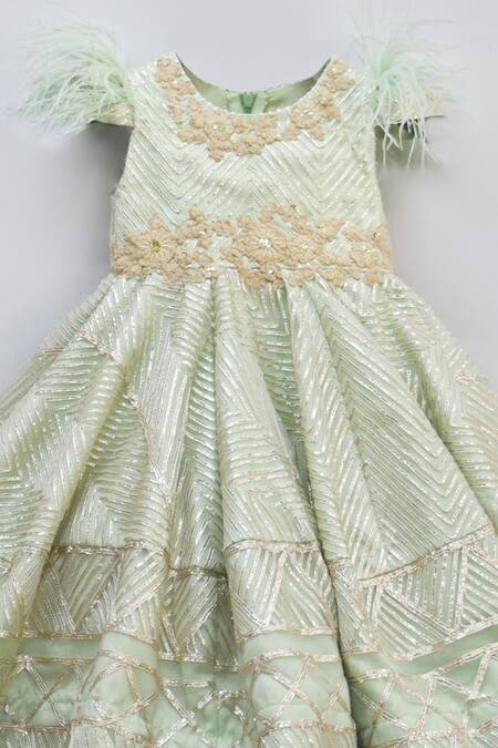 FAYON KIDS_Green Net Fringe Embroidered Gown _Online_at_Aza_Fashions