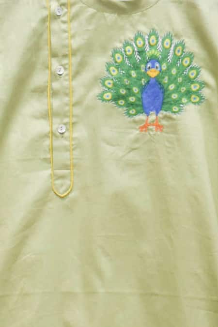 Fayon Kids_Green Cotton, Silk Embroidery, Piping, Zari Kurta And Dhoti Pant Set _Online_at_Aza_Fashions