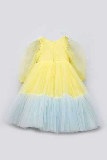 Shop Fayon Kids Yellow Net Fabric Flowers, Beads Embellished Gown at Aza Fashions Shop_Fayon Kids_Yellow Net Fabric Flowers, Beads Embellished Gown _at_Aza_Fashions