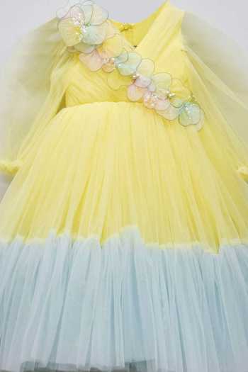 Fayon Kids Yellow Net Fabric Flowers, Beads Embellished Gown Online at Aza Fashions Fayon Kids_Yellow Net Fabric Flowers, Beads Embellished Gown _Online_at_Aza_Fashions