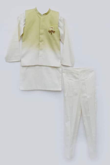 Fayon Kids_White Cotton, Silk Brooches Green And Kurta Set With Nehru Jacket _Online_at_Aza_Fashions