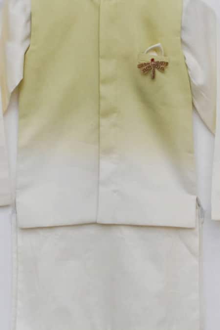 Buy_Fayon Kids_White Cotton, Silk Brooches Green And Kurta Set With Nehru Jacket _Online_at_Aza_Fashions