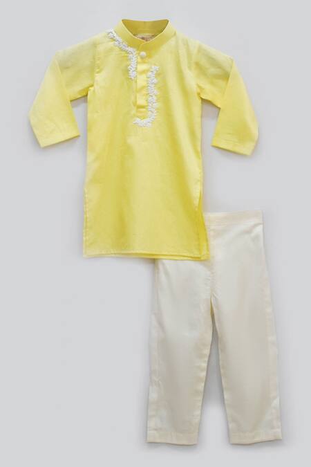 Fayon Kids_Yellow Cotton, Silk Embroidery Kurta Set _Online_at_Aza_Fashions