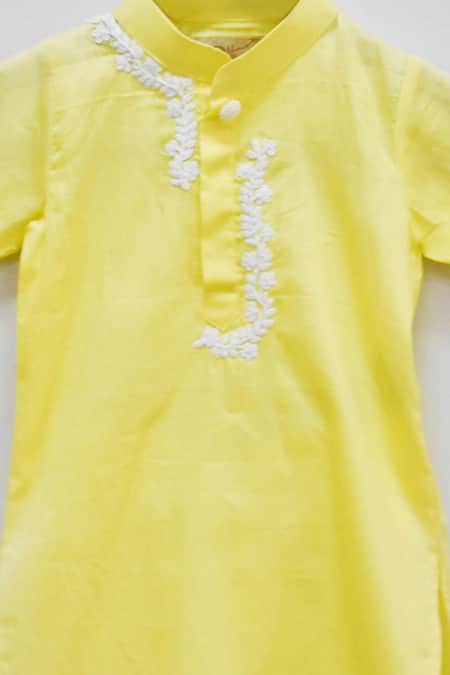 Buy_Fayon Kids_Yellow Cotton, Silk Embroidery Kurta Set _Online_at_Aza_Fashions